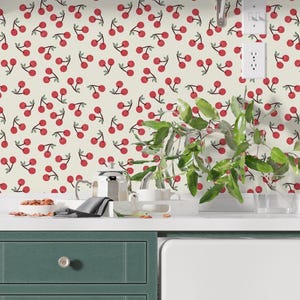 Cherry Fruit Pattern Nursery Wallpaper | Peel and Stick or Traditional Fabric Wall Mural | Removable Wallpaper for Kitchen, or Room Decor