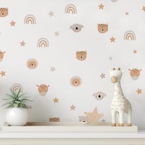 Safari Animal Wall Decals – Peel and Stick Neutral Baby Room Stickers with Lion, Giraffe, Koala, Bear, Stars and Boho Rainbows