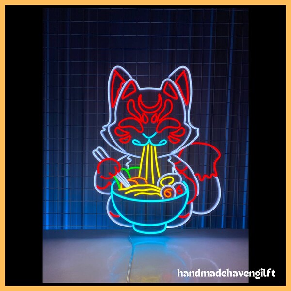 Lucky Cat Eating Ramen Neon Sign, Ramen Led Light, Ramen Led Sign, Ramen Neon Light, Japanese Food Wall Decor, Japan Restaurant Decor