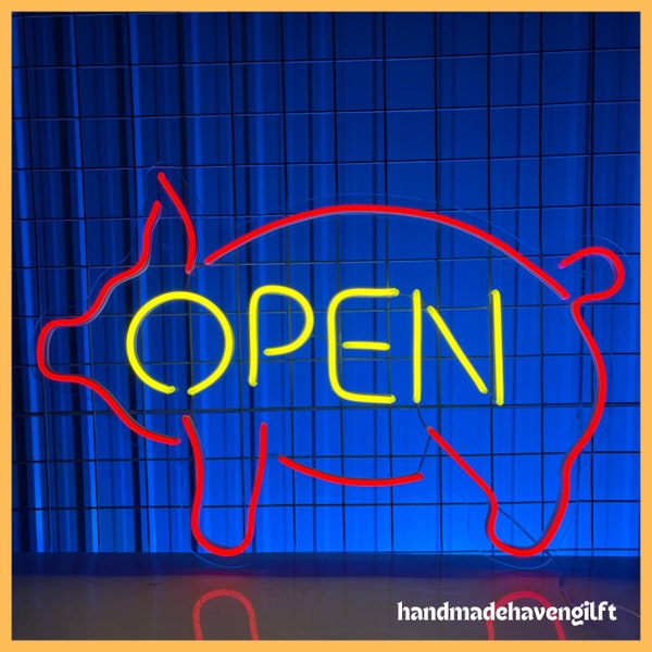 Pig Open Neon Sign, Pig Open Neon Light, Barbecue Open Logo Led Sign, BBQ Restaurant Neon Light Wall Decor, Kitchen Room Wall Art Decor