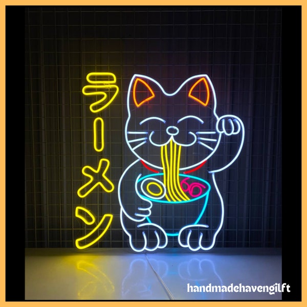 Lucky Cat Eating Ramen Neon Sign, Ramen Led Light, Ramen Led Sign, Ramen Neon Light, Japanese Food Wall Decor, Japan Restaurant Decor