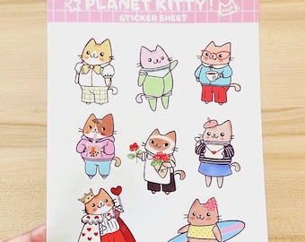 Cute Cats Sticker Sheet - Cute Kitty Stickers, Planet Kitty Stickers