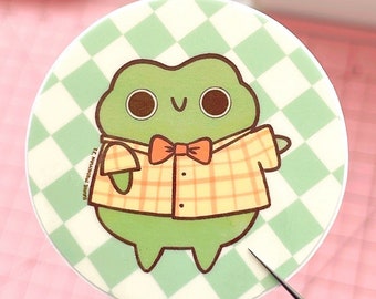 Hello Frog in Bowtie Round Vinyl Sticker - Cute Frog Sticker Happy Frog Sticker