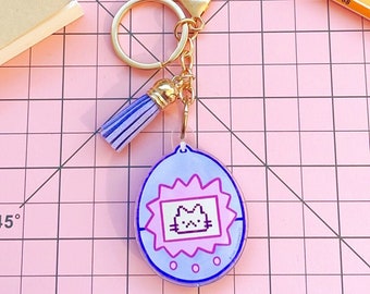 Virtual Pet Keychain - Cat Acrylic Keychain with Faux Leather Tassel - Cute Kawaii Keychain Acrylic Charm, Kitty Keyring