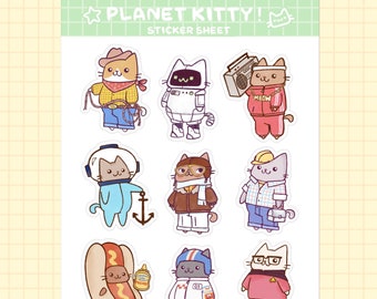 Cute Cats Sticker Sheet - Cute Kitty Stickers, Planet Kitty Stickers