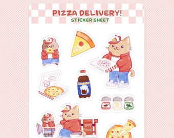 Pizza Delivery Sticker Sheet - Cute Cat Stickers, Cute Pizza Stickers