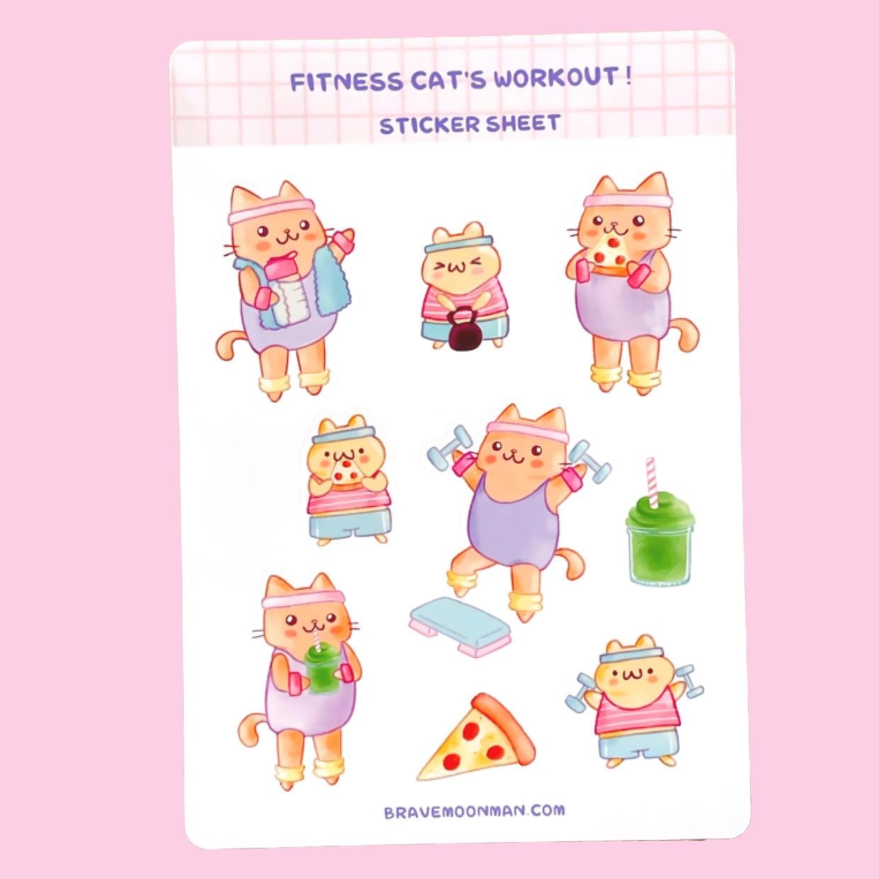 Fitness Cat's Workout Sticker Sheet - Cute Exercise Stickers, Kawaii Cat Stickers, Kawaii Hamster Stickers, Vinyl Sticker Sheets