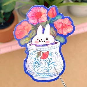 Adorable Bunny in Vase Vinyl Sticker | Cute Rabbit and Flowers Laptop Decal | Handmade Art Sticker