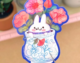 Adorable Bunny in Vase Vinyl Sticker | Cute Rabbit and Flowers Laptop Decal | Handmade Art Sticker