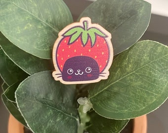 Strawberry Cat Wooden Pin - Black Cat Lapel Pin, Cute Strawberry Pin, Cute Wooden Pin