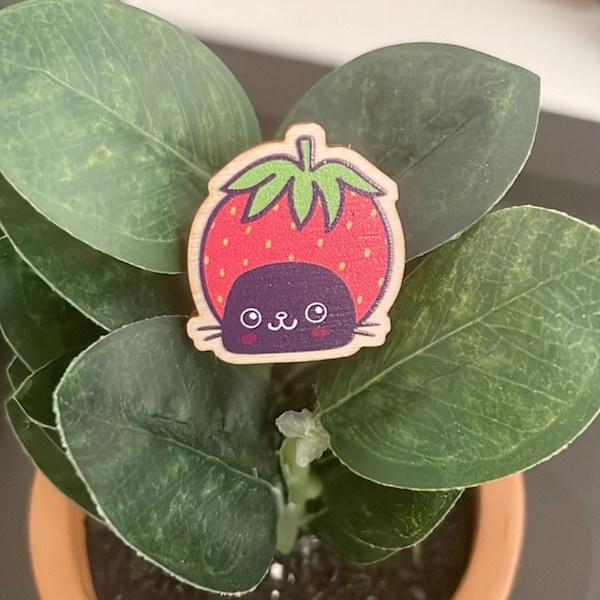 Strawberry Cat Wooden Pin - Black Cat Lapel Pin, Cute Strawberry Pin, Cute Wooden Pin