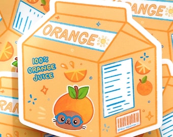 Orange Juice Box Sticker - Cute Juice Carton Sticker, Kawaii Cat Sticker