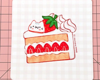 Kawaii Strawberry Cake Art Print - Cute Cat Cake Art Print, Kawaii Food Art