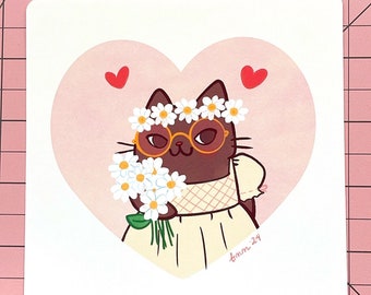 Cute Hippy Cat with Flowers Art Print - Heart Art, Flower Love Art Print