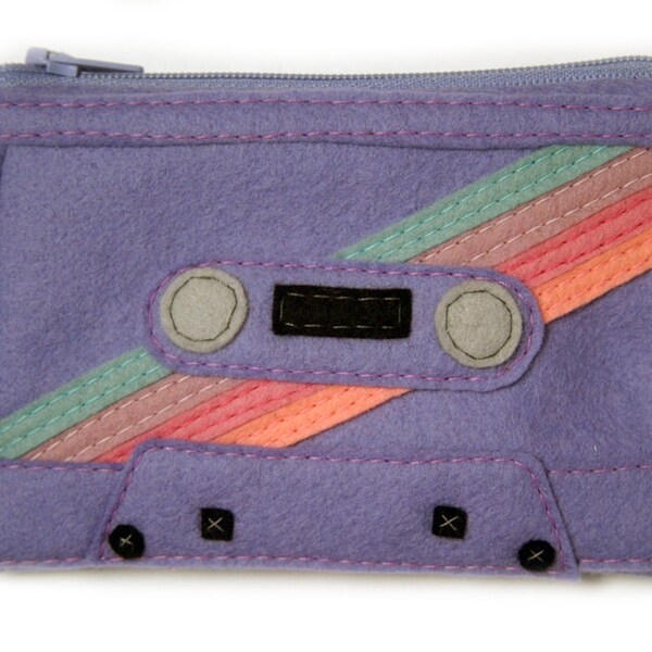 Cassette Tape Pouch - Felt Mix Tape Wallet - Purple Multi