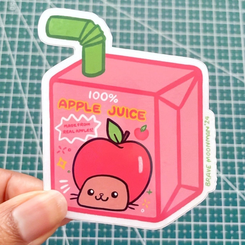 Kawaii Apple Juice Box Vinyl Sticker with Cute Cat Mascot Adorable Laptop Decal image 1
