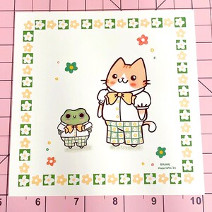 Cute Cat and Frog Mini Art Print Groovy Flower Art, Cute Frog Art, Adorable Cat Art, Cat Mini Art Print image 2