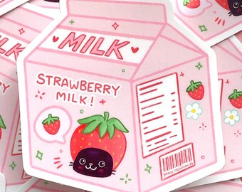 Black Cat Sticker Strawberry Milk Sticker Cottagecore Stickers Kawaii Stationary Black Cat Gifts Cute Cat Sticker Kawaii Stickers