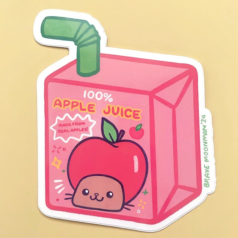 Kawaii Apple Juice Box Vinyl Sticker with Cute Cat Mascot Adorable Laptop Decal image 4