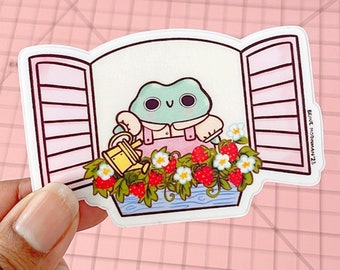 Frog Growing Strawberries Sticker - Cute Frog Sticker, Gardening Gift