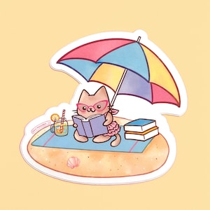 Cat Reading on the Beach Sticker - Cute Cat Sticker, Bookworm Gift for Book Lovers, Summer Sticker