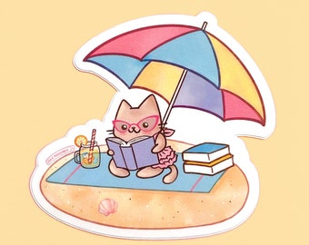 Cat Reading on the Beach Sticker - Cute Cat Sticker, Bookworm Gift for Book Lovers, Summer Sticker