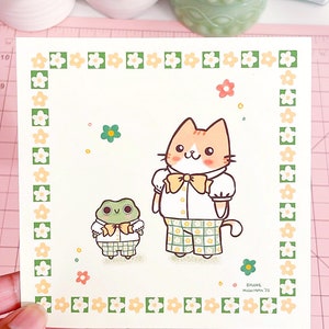 Cute Cat and Frog Mini Art Print Groovy Flower Art, Cute Frog Art, Adorable Cat Art, Cat Mini Art Print image 3
