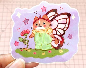 Butterfly Cat Vinyl Sticker – Hand-Drawn, Water Resistant