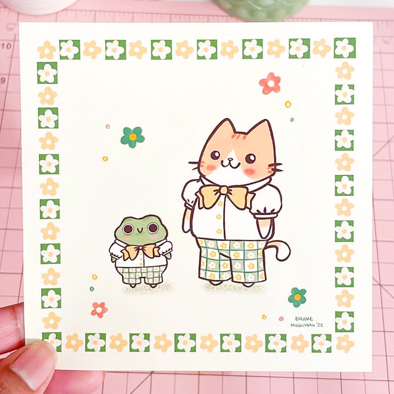 Cute Cat and Frog Mini Art Print Groovy Flower Art, Cute Frog Art, Adorable Cat Art, Cat Mini Art Print image 1