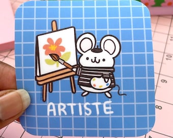 Artiste Mouse Vinyl Sticker - Cute Artist Painting Flower