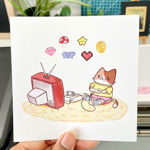 Cute Gamer Cat Mini Art Print - Retro Video Game Art