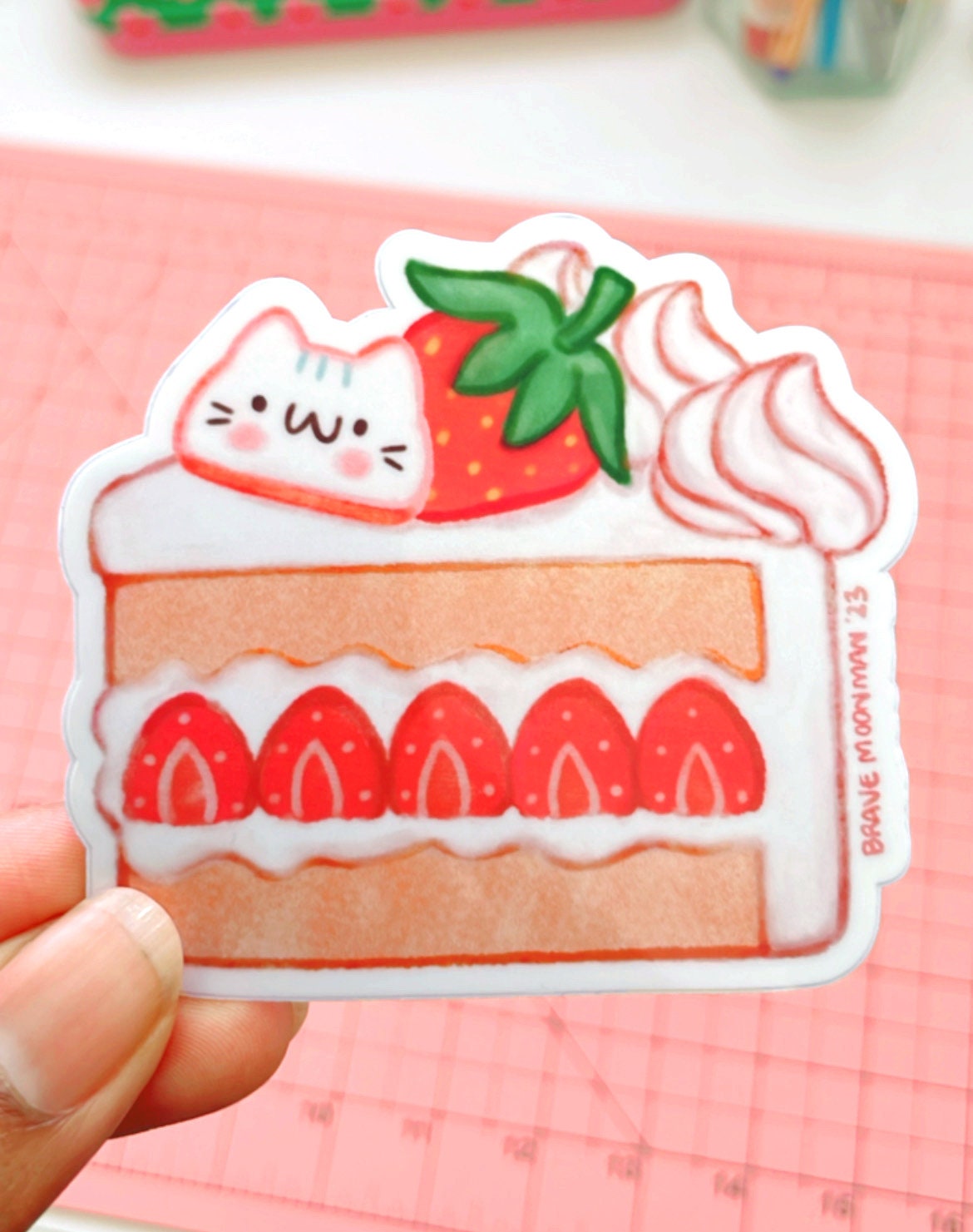 Kawaii Cat Eating a Slice of Strawberry Cake  Sticker for Sale by  Sereneluna