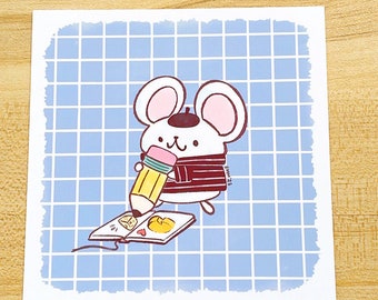 Artist Mouse With Cheese Art Print - Kawaii Mouse Art Print, Cute Artist Gift