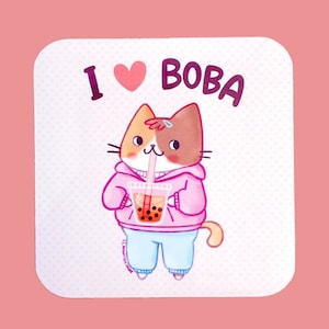 Cute Boba Tea Sticker - I Love Boba Sticker, Cute Boba Cat Sticker, Bubble Tea Sticker
