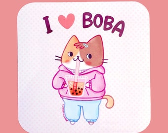 I Love Boba Sticker - Cute Boba Cat Sticker, Kawaii Bubble Tea Sticker