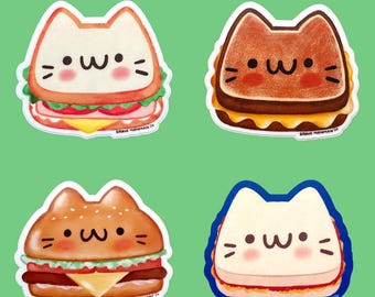 Kawaii Food Stickers Bundle - Sandwich Cat Sticker Set, Burger Cat Decal