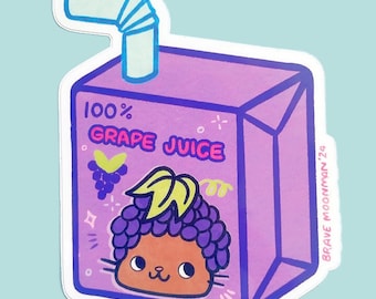 Kawaii Grape Juice Box Vinyl Sticker with Cute Cat Mascot | Adorable Laptop Decal