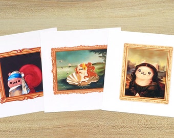 Fine Art Friends Print Set - Set of 3 Cute Animal Art Prints, Mona Lisa, Birth of Venus, Girl With the Pearl Earring