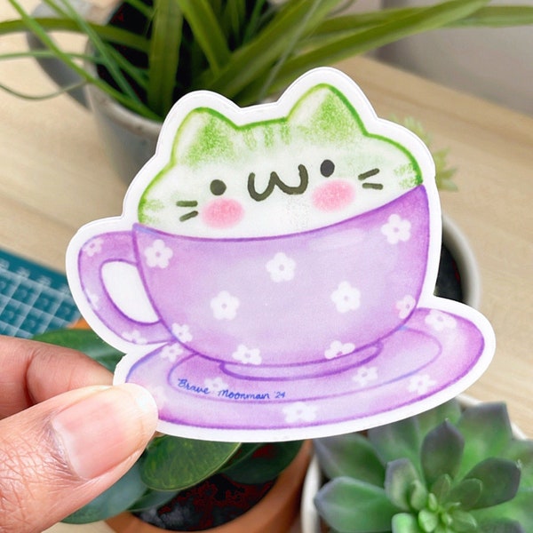 Matcha Cat Sticker, Matcha Tea Sticker - Green Tea Vinyl Sticker, Cute Cat Tea Cup Sticker