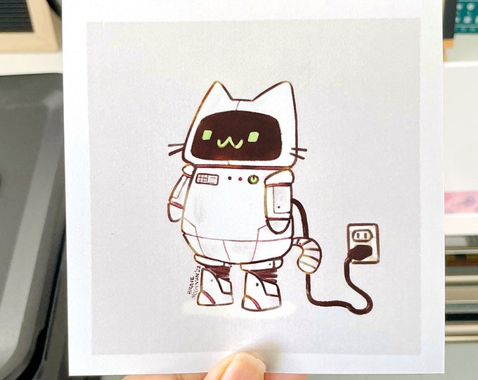 Kittybot Art Print, 5 inch Cyberpunk Robot Cat Illustration