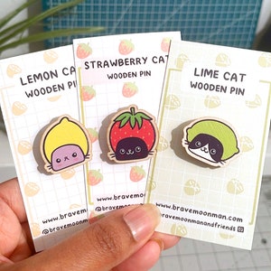 Fruit Cat Pin Set, Cute Cats with Fruit Hats - Lime, Strawberry, Lemon