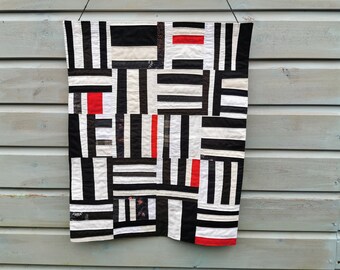 Black, White and Red Stripes - textile patchwork wall hanging