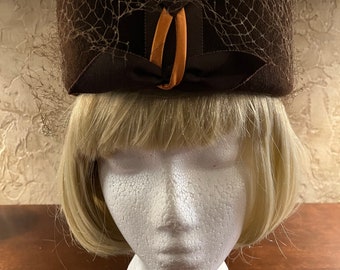 Ladylike Brown 1950s Pillbox Hat with Netting