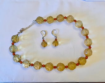 Vintage Citrine Yellow And Orange Faceted Necklace And Earring Set 1970s