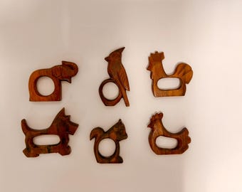 Vintage Wooden Carved Animal Napkin Rings Various Animals
