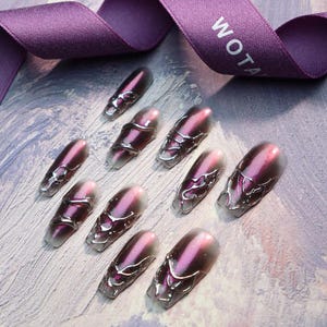 Purple 3D Press On Nails, Y2K Press On Nails, Metal Punk Press On Nails, Almond Press On Nails, Gel Nails, Festival Nails, Reusable Nails