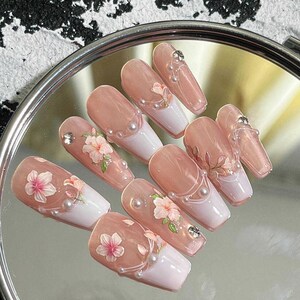 peach Press On Nails, Press On Nails for summer, almond long nails, reusable nails, acrylic nail art, pink Press On Nails, gel nails