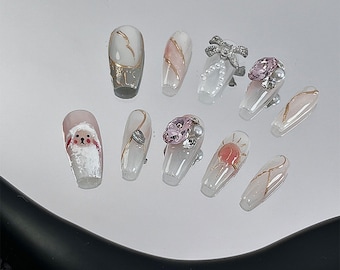 Uñas postizas con diseño de constelación, uñas postizas con diseño de astrología de Aries, uñas de gel, uñas con lazo pintadas a mano, uñas con estrellas y lunas, uñas únicas