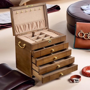 3/4/5-Schicht-Holz Schmuckschatulle, abschließbar Schmuckschatulle, Schmuck Aufbewahrungsbox für Ohrring Ring Halskette Armband, Schmuck-Sammelbox für Frauen