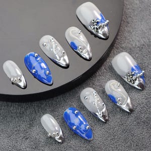 Uñas postizas metálicas, uñas postizas mecánicas estilo punk gótico Y2K, uñas postizas hechas a mano, uñas almendradas, uñas reutilizables, uñas de fiesta